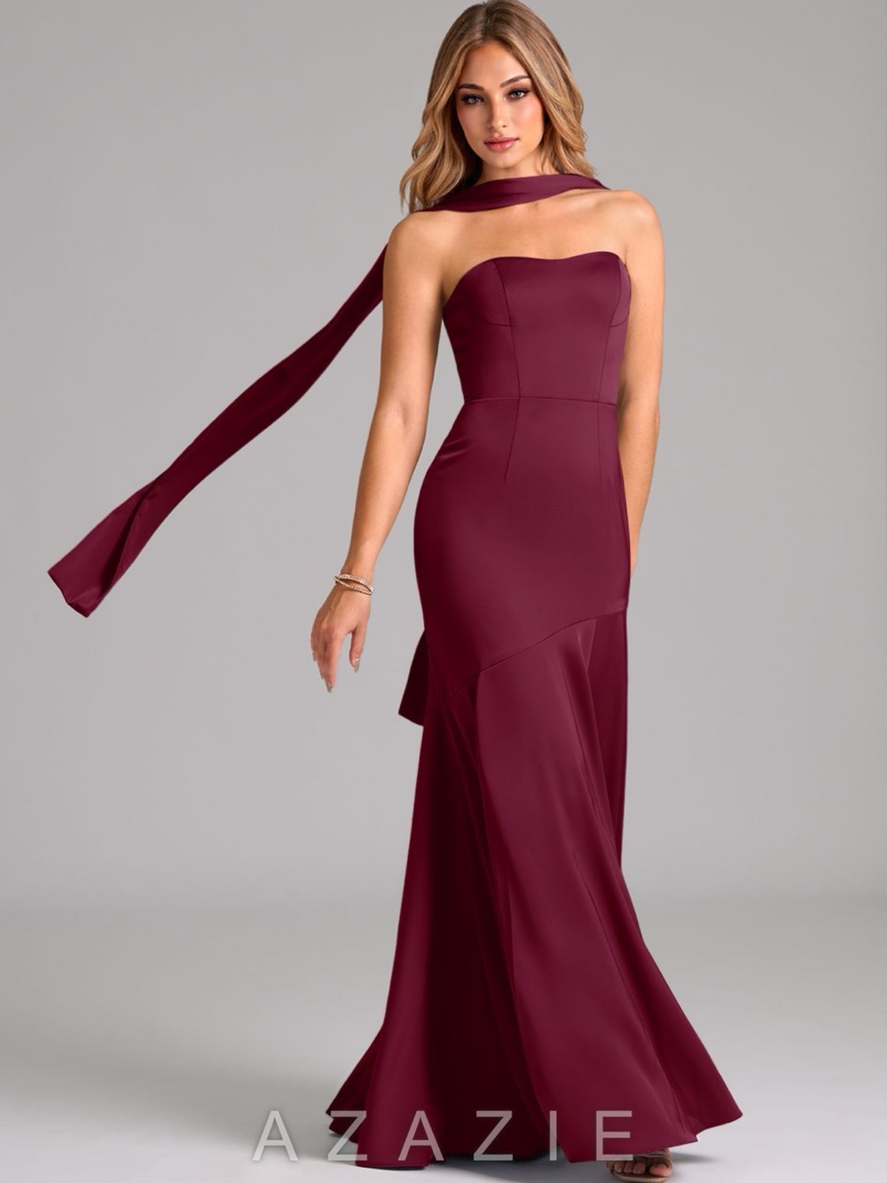 Azazie Burgundy Strapless Mermaid Gown with Scarf